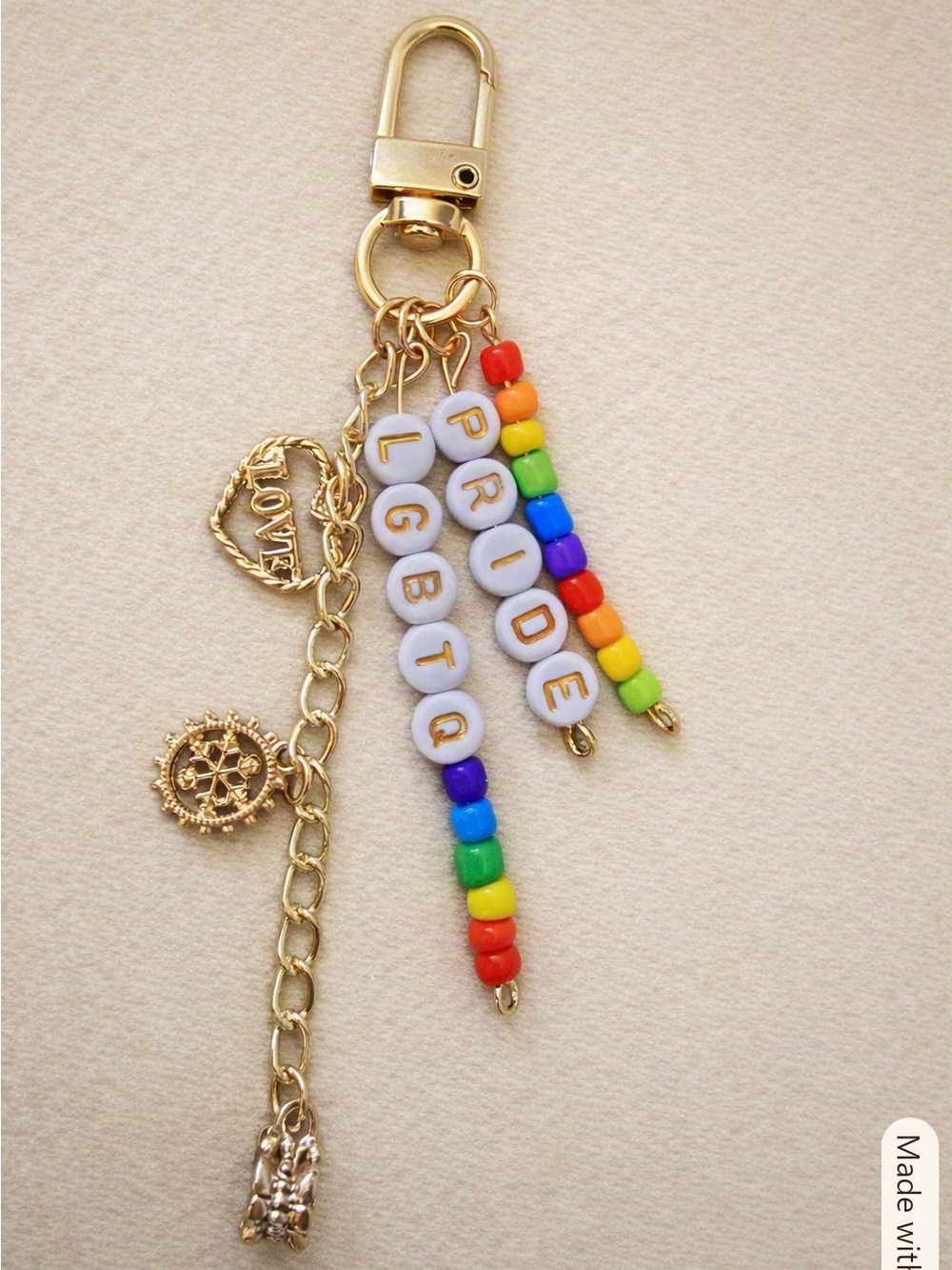 Gold Rainbow 'PRIDE LGBTQ' Beaded Keychain Charm